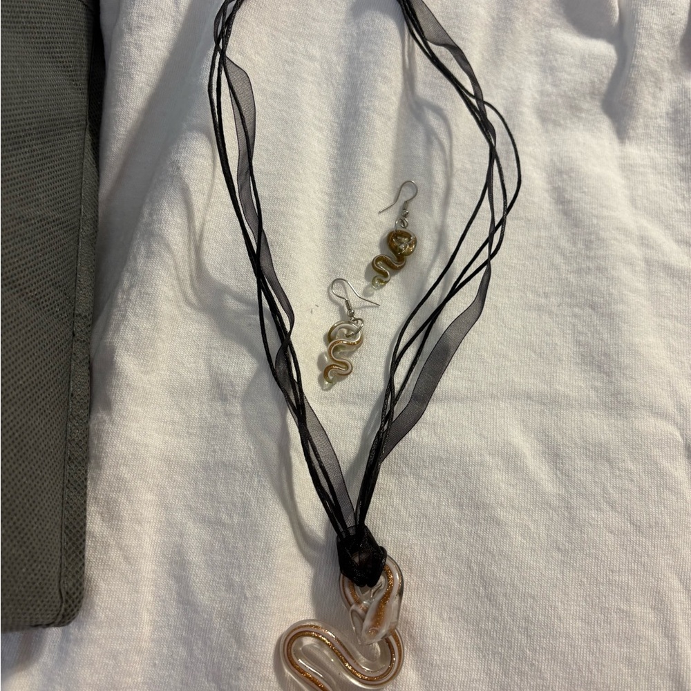 Italian Murano Glass Gold and Black Snake Pendant Necklace and Earrings Set